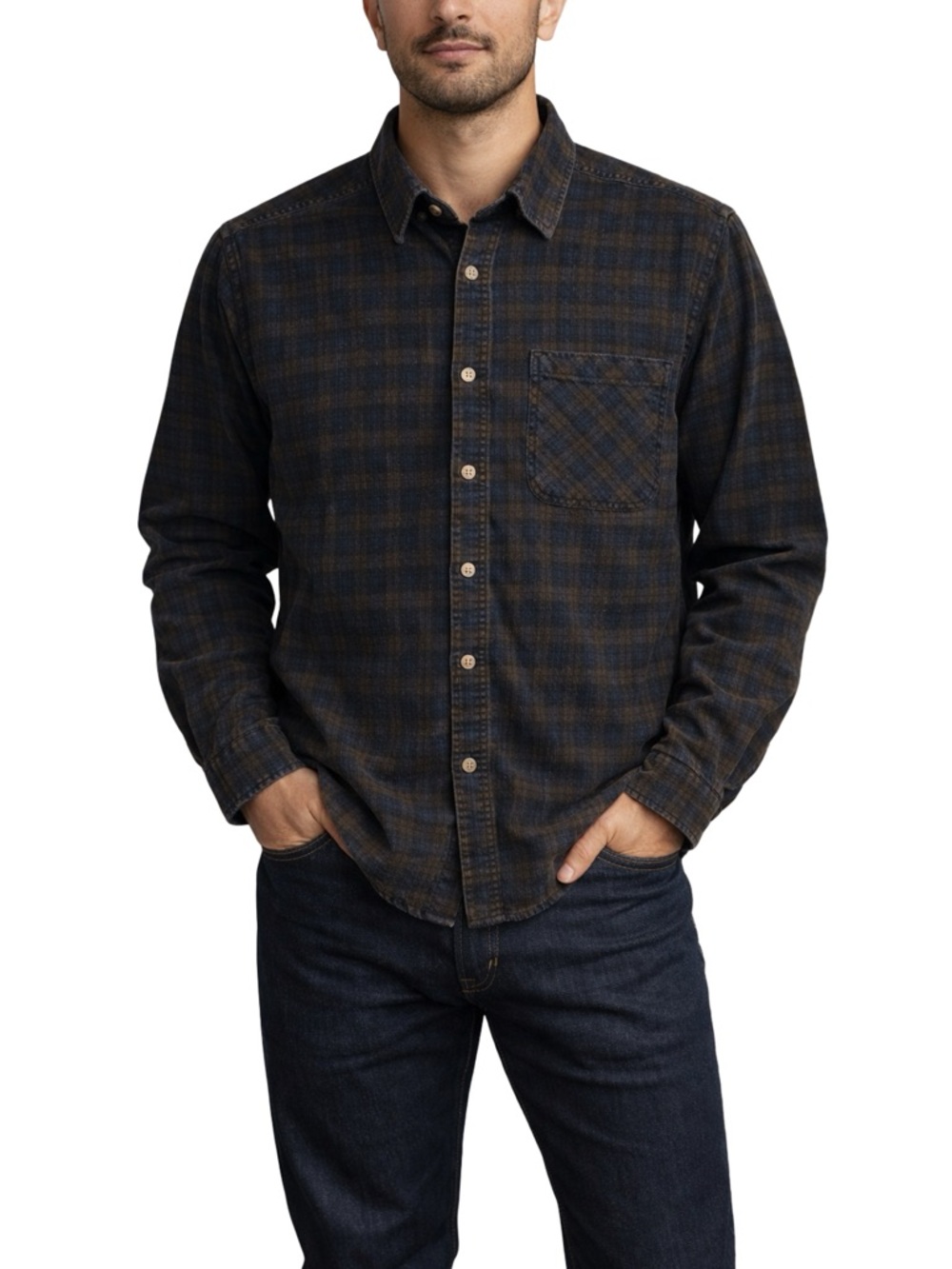 Men's Dark Navy and Brown Plaid Corduroy Long-Sleeve Button Down Shirt Medium